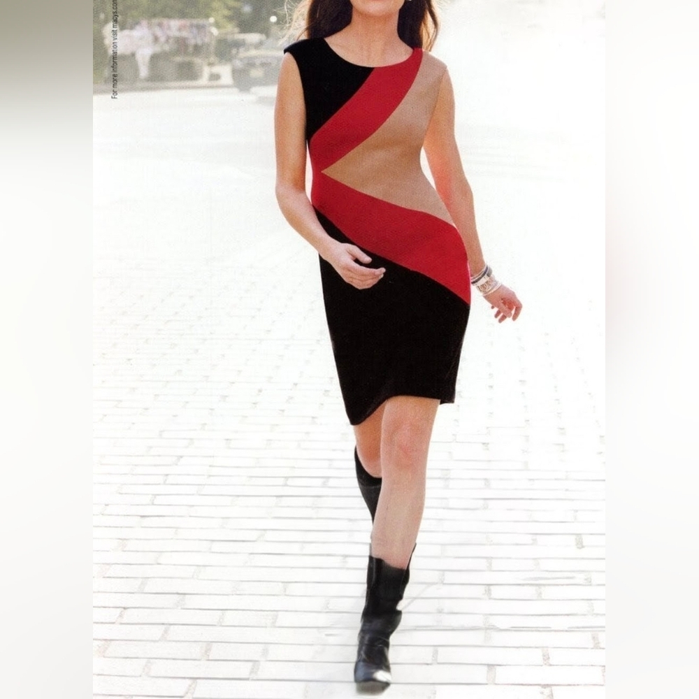 Alfani Women's Sheath Dress Red Black And Camel Color Size 8